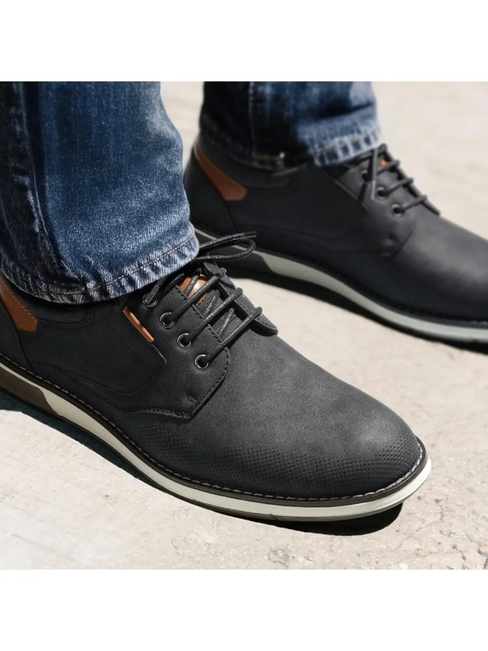 Men's Black-Waxy Shock-absorbent Perforated Synthetic Leather Oxford Derby Shoes